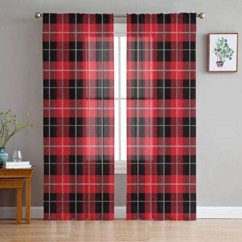 Red Black Plaid Chiffon Tulle Curtains for Living Room Kitchen Bedroom Sheer Voile Yarn Window Treatment