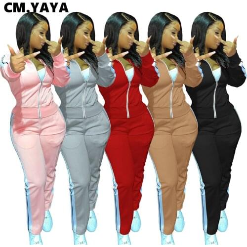 CM.YAYA Active Striped Patchwork Sweatsuit Two 2Piece Set for Women Winter Fitness Outfit Hooded Jacket + Jogger Pants Tracksuit