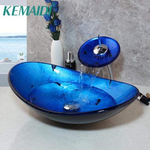 KEMAIDI Bathroom Washbasin Countertop Tempered Glass Basin Sink Faucet Set Brass Waterfall Faucet Washroom Vessel Vanity Bar