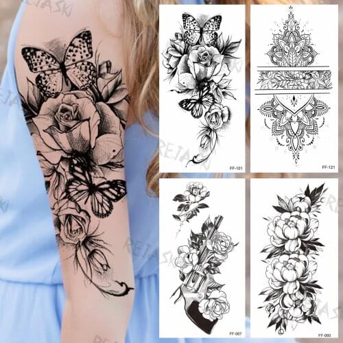 Black Butterfly Rose Temporary Tattoos For Women Girls Realistic Henna Gun Flora Pendant Fake Tattoo Sticker Sexy Arm Leg Tatoos