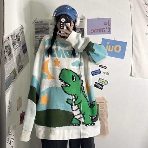 Harajuku Knitted Sweater Women Retro Dinosaur Cartoon Fall Winter Japanese Kawaii Female Streetwear Pullover Knitwear Oversized