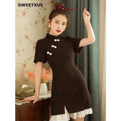 SWEETXUE Womens Improved Young Girl Style Short Cheongsam Dress Chinese Style Black Retro Ruffled Leisure Dresses Ladies