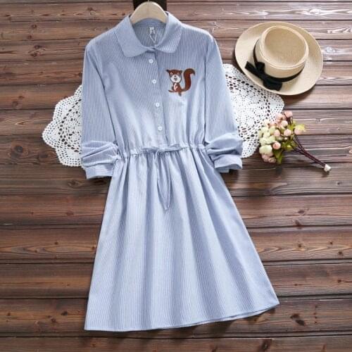 Autumn women striped dress new arrival vestidos 2018 squirrel embroidered vintage long sleeve dress