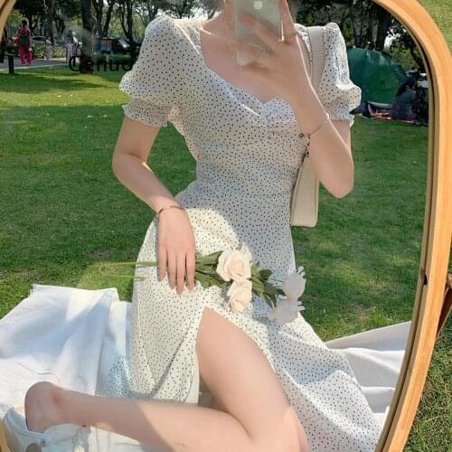 French Chiffon Dress Women Puff Sleeve Point Print Vintage Retro Dress Office Lady Casual Summer Elegant Split Dress Women