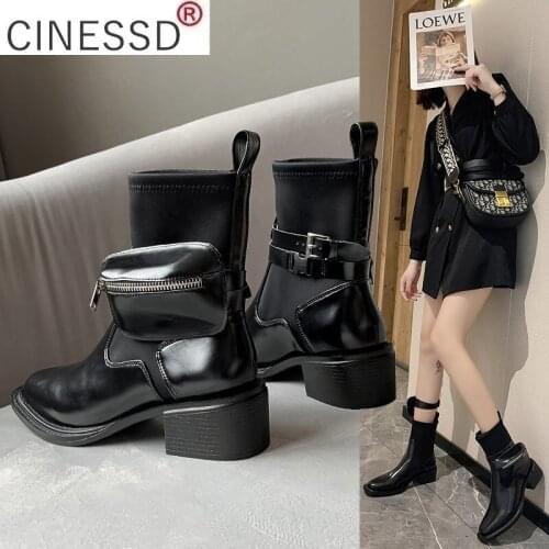 2021 New Square Toe donna stivaletti cinturini tasca elasticizzata calzino stivali donna tacco grosso stivaletti