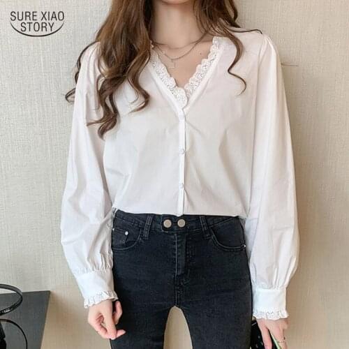 2021 Casual Plus Size Lace Women Blouse Autumn White Puff Long Sleeve Chiffon Shirt Women V Neck Cardigan Ladies Clothing 10621