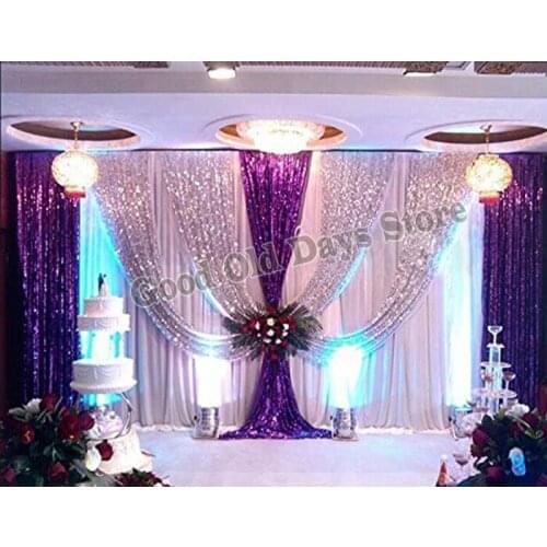 3M x 6M Purple with White Wedding Backdrop with silver sequin Wedding Drapes Stage Decoration