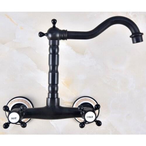 Black Oil Rubbed Antique Brass Bathroom Kitchen Sink Basin Faucet Mixer Tap Swivel Spout Wall Mounted Dual Cross Handles mnf454
