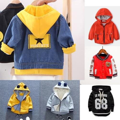 Boy Girl Denim Jackets Kids Jeans Coat Children Autumn Winter Outwear Clothes Boys Hooded Sport Printed Letter Star Jackets 0-6T