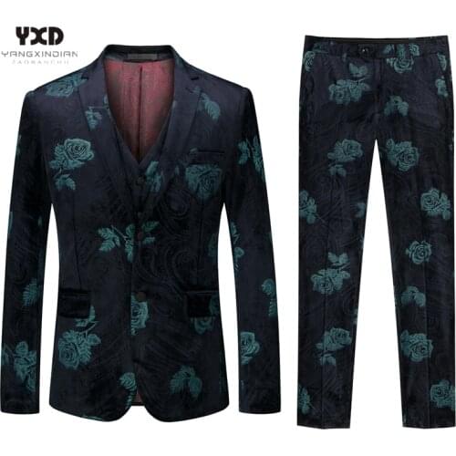 Mens Three-piece Suit for Men Fashion Vintage Evening Dress Suit Male Formal Business Wedding Rose Floral Velvet Blazer Suits