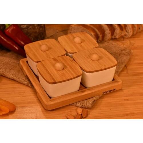 Lalin 9 Pcs Bamboo Brekfast Set with Lid |-Bamboo-Porcelain | Bowl | Made in Turkey | Free Shipping