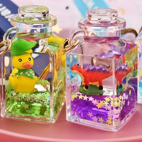 Cute Liquid Quicksand Keyring Little Yellow Duck Dinosaur Keychain Creative Perfume Bottle Bag Key Chains for Boy Kids Toy