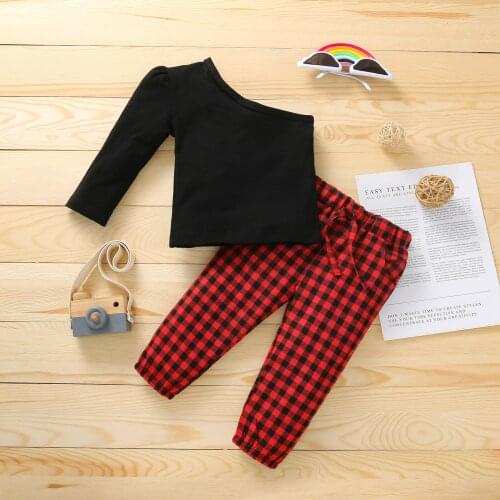 Fashion 2PCS Infant Baby Girls One Off Shoulder Clothes Set Fashion Solid Color T-shirt Tops and Plaid Long Pants Outfits