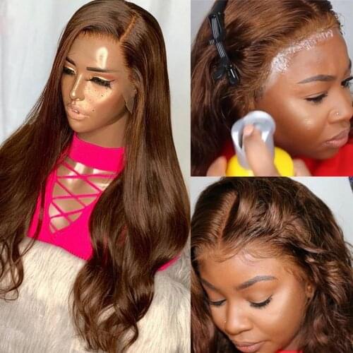 Brown Color Lace Front Human Hair Wigs Brazilian Wavy Lace Wigs Pre Plucked Body Wave Pre Plucked Bleached Knots 180% Density