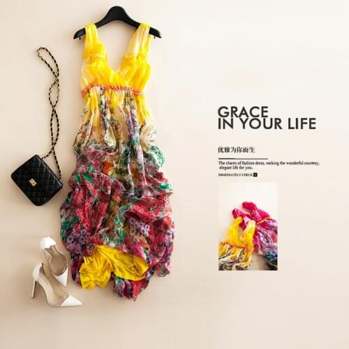 Tcyeek Real Silk Dress Women Summer Boho Vintage Sexy Maxi Vestidos Elegant Ladies Print Beach Party Dresses Ropa Mujer LW2753