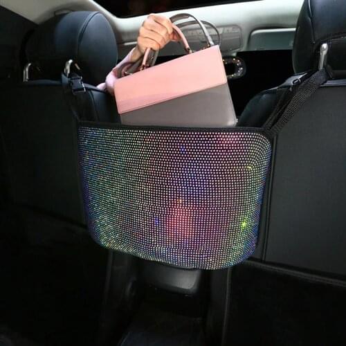 Crystal Rhinestone Car Storage Bag Organizer Barrier of Backseat Holder Multi-Pockets Car Container Stowing Tidying