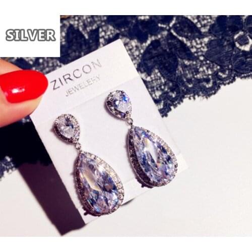 Luxury Female Crystal Big Water Drop Earrings Silver Color Zircon Stone Earrings Boho Wedding Jewelry Women Long Dangle Earrings