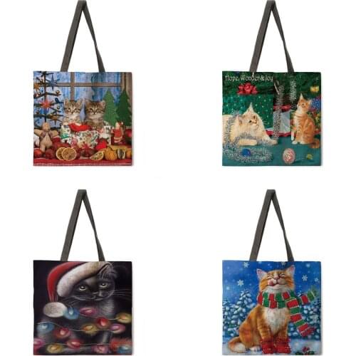 Christmas cat print tote bag linen fabric bag casual folding shopping bag outdoor beach bag everyday handbag
