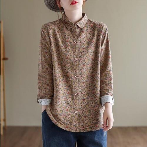 21New Women Shirts Autumn Spring Mori Girl Style Print Loose Full Sleeve Single-Breasted Female Cotton Tops Fashion