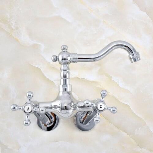 Silver Chrome Brass Wall Mounted Kitchen Sink Faucet Bathroom Basin Mixer Water Taps Swivel Spout - Adjusts From 3-3/8" mqg207