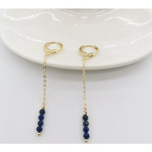 Lapis Lazuli Earrings 14K Gold Filled Chains Delicate Faceted Gemstones Pendants Dangle Hoops Boho Statement Jewelry Earrings
