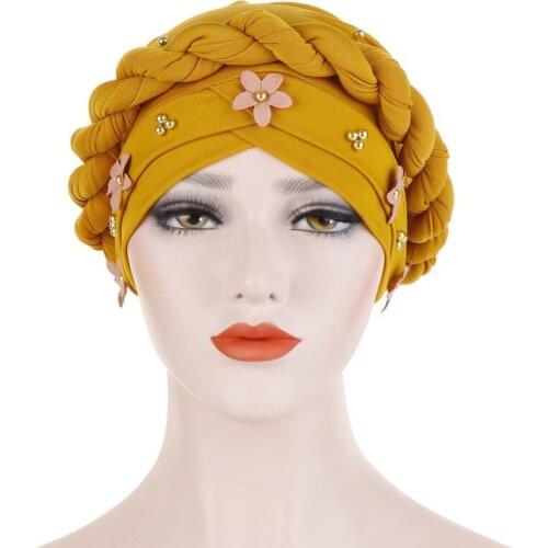 Bonnets Beanies Solid Cotton IslamicTurban Gold Beads Women Head Scarf Twist Flowers Hat Arab Muslim Wrap Inner Hijabs