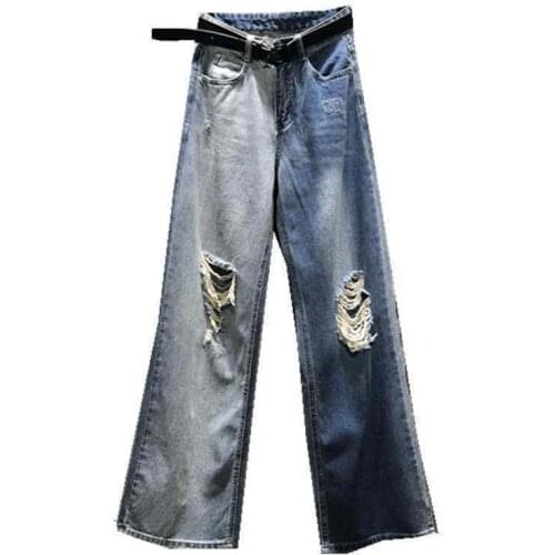 2021 Autumn Winter New High Waist Gradient Hole Denim Female Wide Leg Jeans Women Jeans Casual Loose Jeans Plus Size 5XL Y163