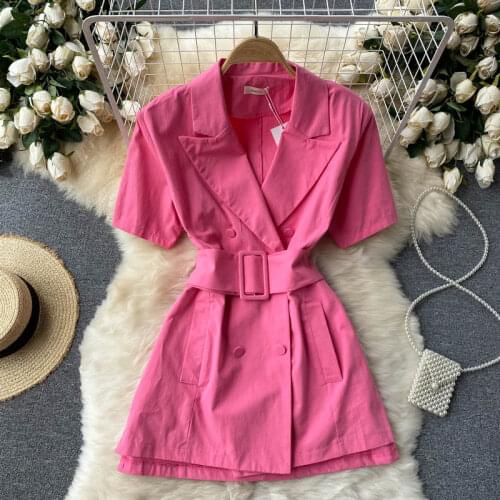 Suit Dress Jacket Women Double Breasted Belt Short Sleeve High Waist Short Dress Ladies Fashion Casual Summer Blazers Dress