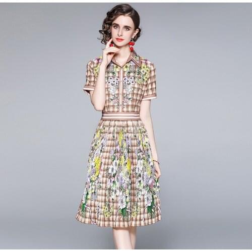 2021 Womens Summer Prom Dress Korean Casual Lapel Check Print Short-sleeved Pleated Dress New Waist Female Slim Dresses X209