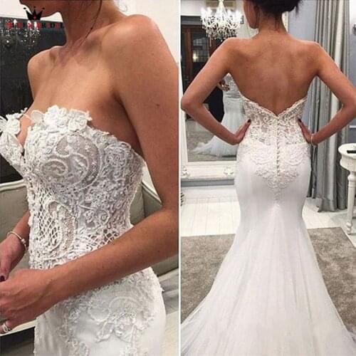 QUEEN BRIDAL Sexy Mermaid Tulle Lace Beaded Floor Length Wedding Dresses Vestidos De Novia Custom Made Bridal Gown HC08