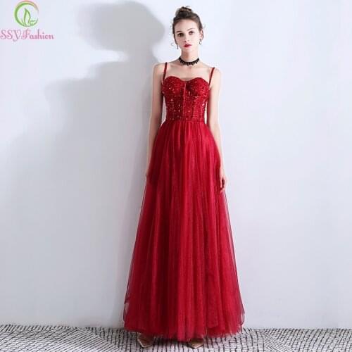 SSYFashion New Luxury Banquet Burgundy Evening Dress Special Occasion Dress Sequins Beading Party Formal Gowns Vestido De Noche
