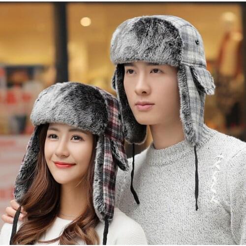 Adult Winter Hat With Grid Women Men Earflap Cap Unisex Checkered Trapper Hat Outdoor Warm Bomber Russian Hat