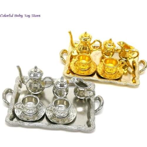 10Pcs/set Doll House Miniature Metal Tea Doll House Furniture Miniature Dining Tableware Toy Teapot Cup Plate