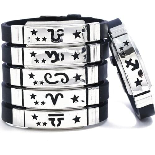 12 Constellation Zodiac Sign Black Bracelet Fashion Stainless Steel Leo Scorpio Wristband Silicone Bangle Man Woman Punk Jewelry
