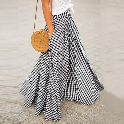 2021 Summer Plaid Check Midi Skirt New Vintage Party Pleated Skirts Women Casual Elastic Waist Swing Dress Female Vestidos