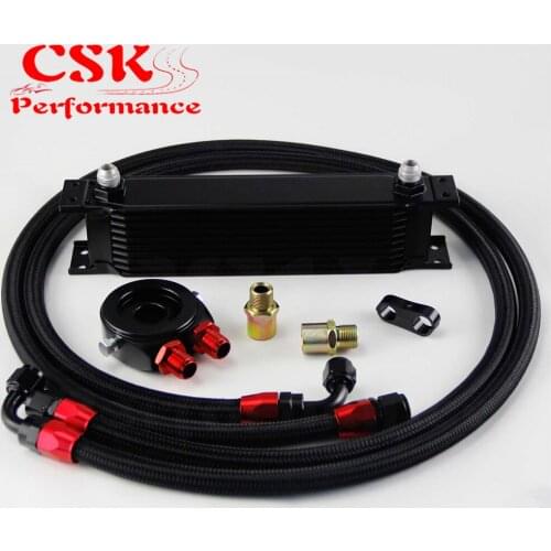 AN8 10 Row 248mm Universal Engine Transmission Oil Cooler British Type + Aluminum Filter Hose End Kit Black/Blue