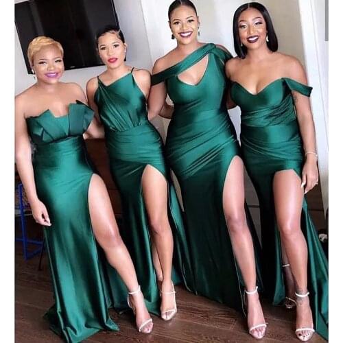 Satin Dark Green Bridesmaid Dresses Mermaid Sheath Train Slit Wedding Party Gowns African Formal Maid of Honor Dress Sleeveless