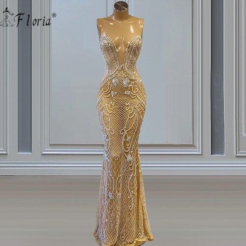 Champagne Moroccan Kaftan V Neck Mermaid Evening Dresses Crystals Arabic Dubai Special Occasion Party Dress Sexy Custom Made