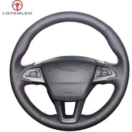 LQTENLEO Black Genuine Leather Steering Wheel Cover For Ford Focus 3 2014-2018 Kuga Escape C-MAX Ecosport 2015-2019 Eco sport
