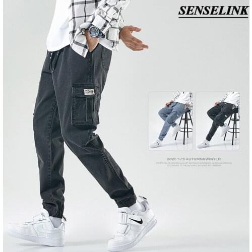 Men 2021 Summer Solid Color Casual Cargo Pants Japanese Black Loose Multi-Pocket Jeans Straight Big Size Cargo Pants Men M-8Xl