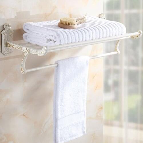 2 Style 60cm Zinc Alloy dual tier bathroom shelves towel rack gold and white, Wall mounted simple towel rack shelf with hooks