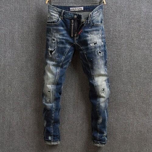 Italian Vintage Fashion Men Jeans High Quality Retro Blue Elastic Slim Fit Ripped Jeans Men Streetwear Hip Hop Denim Biker Pants