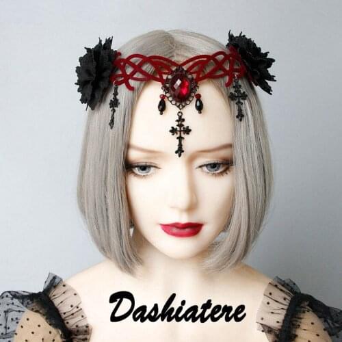 Vampire Forehead Crown Retro Gothic Christian Cross Pendant Tiara Wine Red Black Headgear for Women Bride Wedding Headpiece
