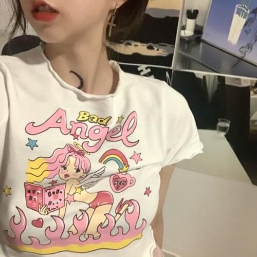 Summer y2k cartoon angel print tees short loose casual large size kawaii Harajuku short sleeve ins Ulzzang cute female T-shirt