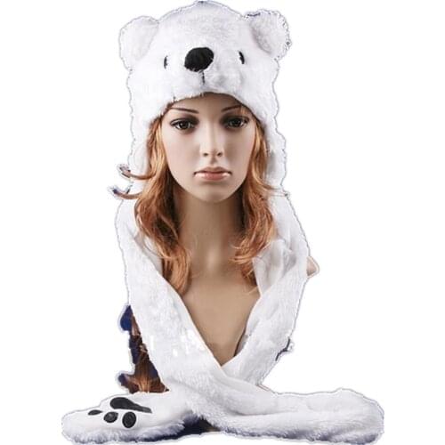2017 Hot sale Fashion Cartoon animal Lovely cute fluffy Polar Bear Hat cap with mitten Muffler,white/pink/brown Free Shipping