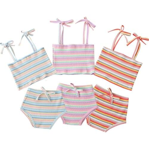 2pcs Newborn Toddler Baby Girl Stripe Tied Spaghetti Straps Vest+High Waist Pantie Suit Outfits Summer Tracksuit for 0-18M