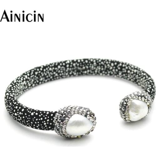 Fashion Women Open Bangles Black Leather Natural Freshwater Pearls Rhinestone Crystal Setting Jewelry For Birthday Gift Idear