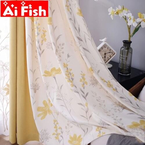 American Country Yellow Solid Cloth and Printed Flower Stitching Curtains for Bedroom Nordic Window Treatment Drapes MY546#4
