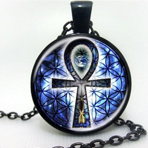 Wholesale Picture Necklace Flower of Life Ankh Pendant Chakra Necklace Sacred Geometry Jewelry Art Glass Cabochon Necklace