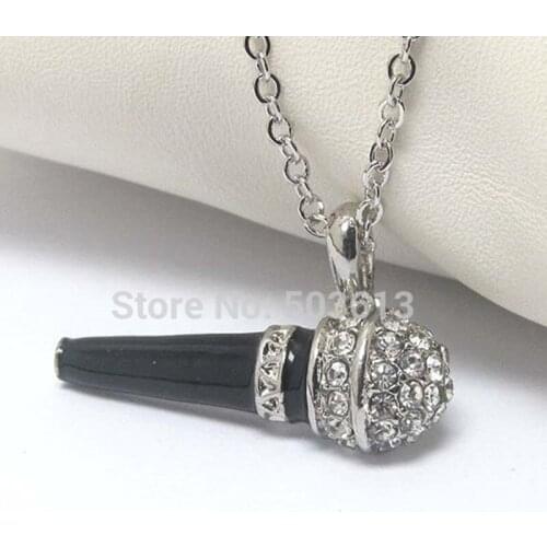 Wholesale Fashion Dull Silver plated Alloy Crystal Rhinestone Microphone Charms Necklace Free Shipping xy065